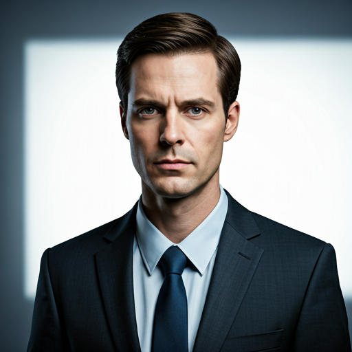 Professional portrait of a male forensic analyst in a dark suit against a clinical white background